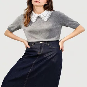 Lace Collar Short Sleeve Knit Top
