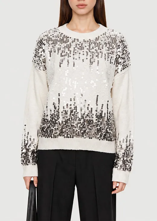 White Gradient Ombre Sequin Crew Neck Knit Sweater Long Sleeve Pullover Top