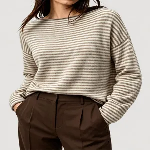 Oatmeal Fine Stripe Boat Neck Knit Sweater for Women
