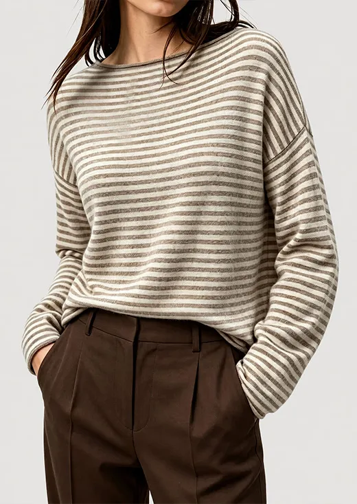 Oatmeal Fine Stripe Boat Neck Knit Sweater for Women