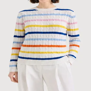 Rainbow Stripe Cable Knit Crew Neck Sweater for Women