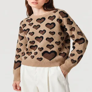All Over Heart Jacquard Crew Neck Sweater Women Retro Long Sleeve Knit Pullover
