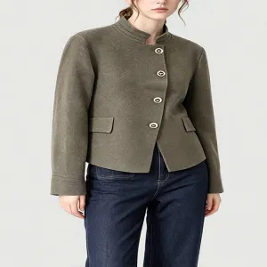 Olive Mandarin Collar Cropped Wool Blend Jacket