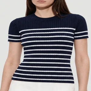 Navy White Fine Stripe Ribbed Slim Fit Short Sleeve Knit Top