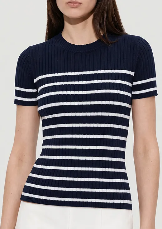 Navy White Fine Stripe Ribbed Slim Fit Short Sleeve Knit Top