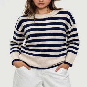 Navy Cream Wide Stripe Oversized Drop Shoulder Knit Sweater