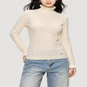 Ruffle Turtleneck Heart Jacquard Knit Sweater