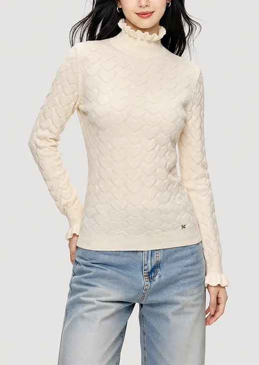 Ruffle Turtleneck Heart Jacquard Knit Sweater