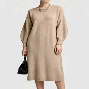 Vestido midi holgado de punto con mangas abullonadas y hombros ca&iacute;dos