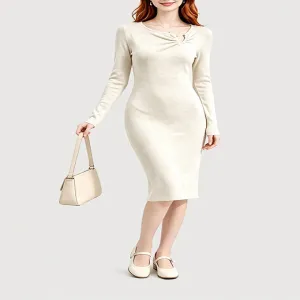 Vestido midi ajustado de punto con escote en V y detalle de torsi&oacute;n