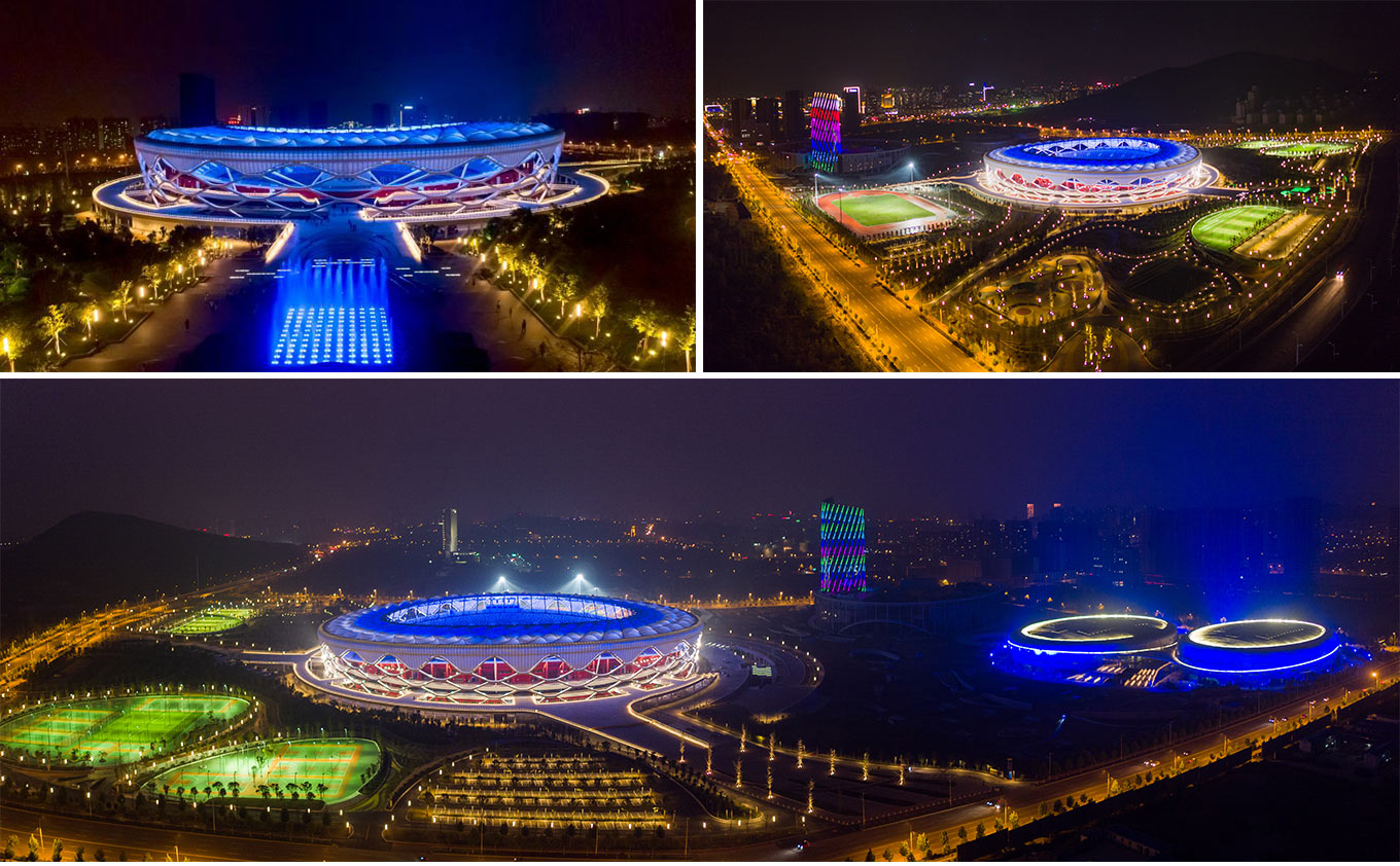 Commercial plaza illuminated with decorative LED outdoor lighting