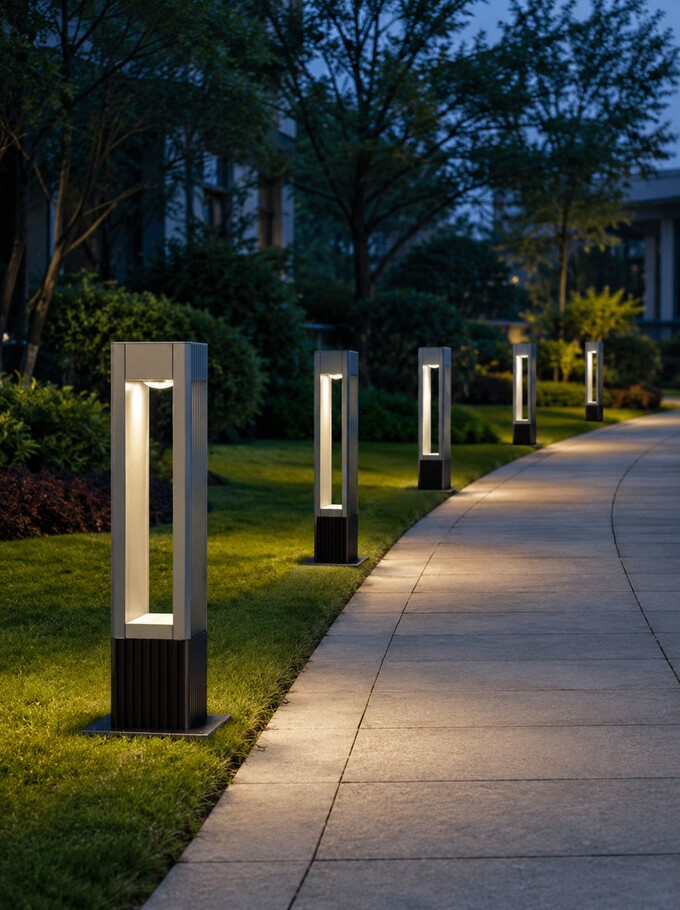 Landscape bollard lights installed along a garden and park walkway