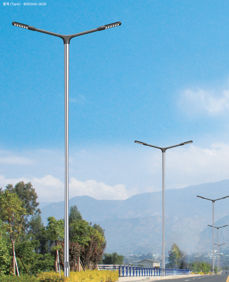 Modular steel aluminum LED light poles installed along urban roadway