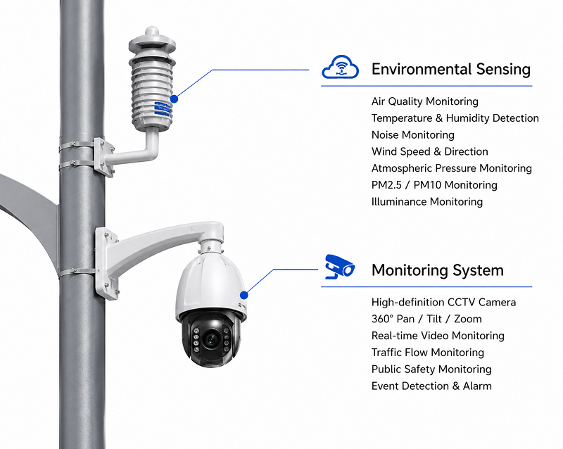 CCTV camera and environmental sensor modules integrated into smart pole