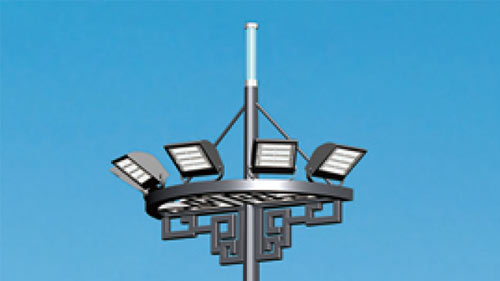 Multiple LED luminaires on mid mast pole for wide and uniform outdoor lighting