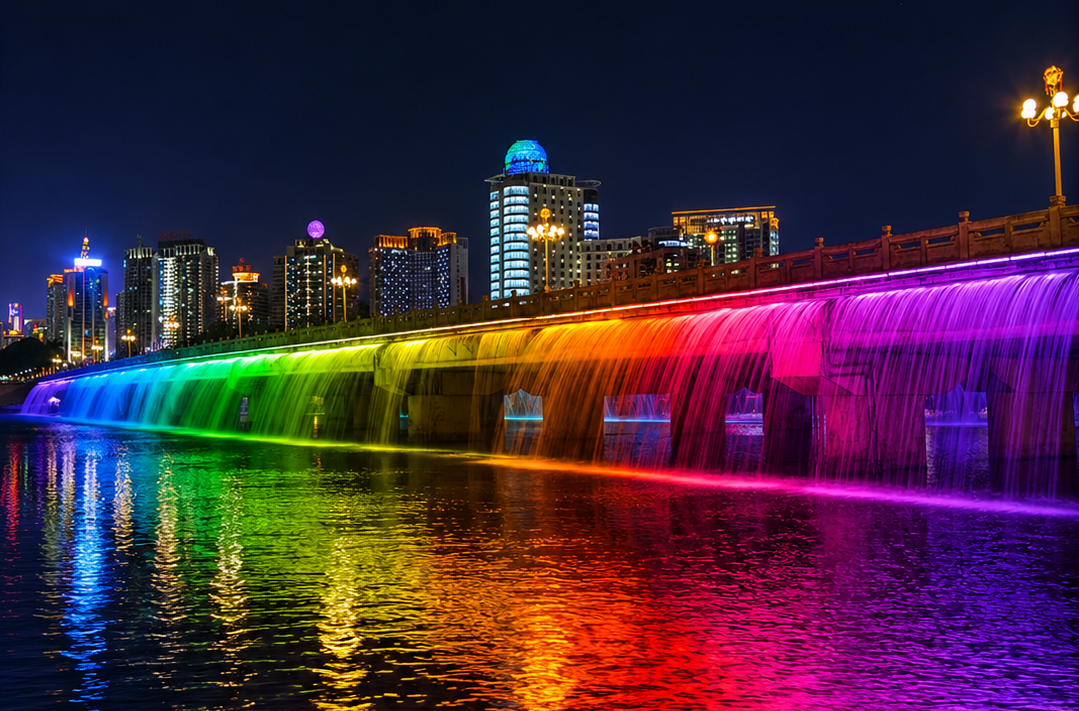 RGB LED wall washer lighting installed on an urban bridge
