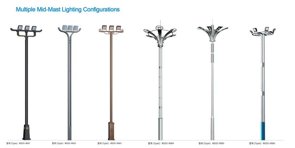 Multiple mid mast lighting pole designs with different LED luminaire configurations