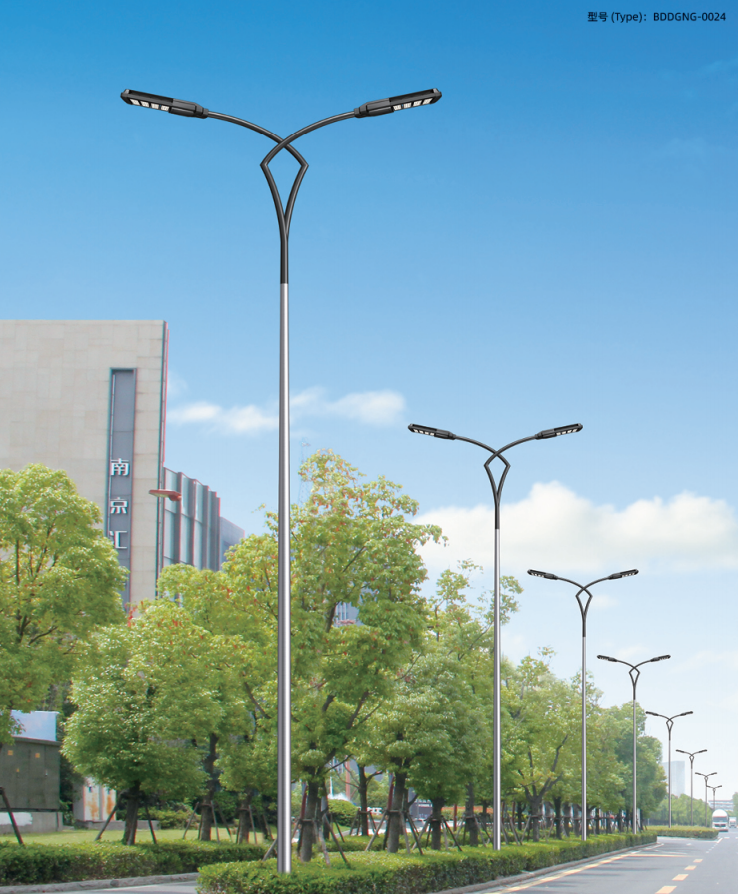 Decorative dual arm integrated LED light poles for municipal street lighting