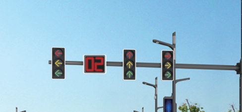 Traffic signal arm with digital countdown display on smart traffic pole