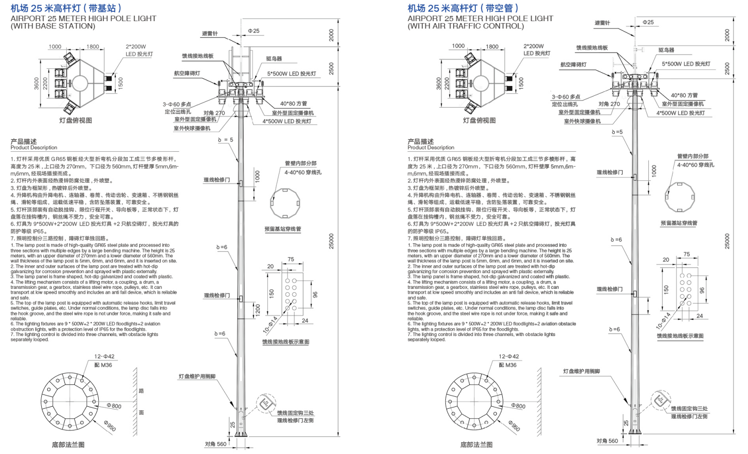 Airport high mast light with optional base station and air traffic equipment integration