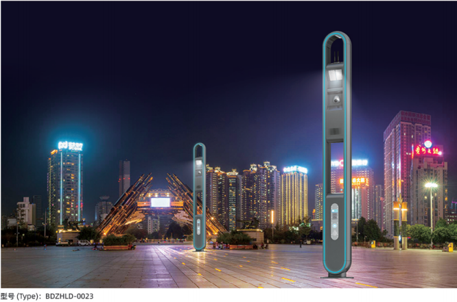 Interactive smart city pole with integrated LED lighting for modern public plaza