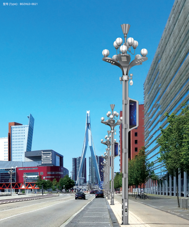 Urban multifunctional smart pole with LED lighting CCTV environmental sensing and digital display