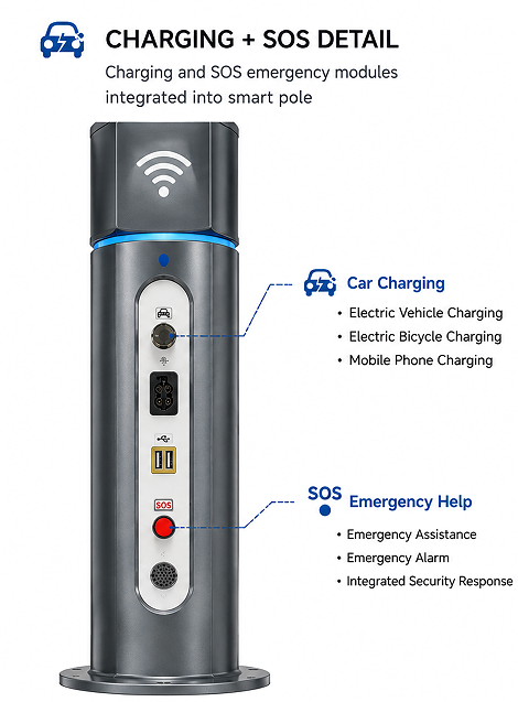 Charging and SOS emergency modules integrated into smart pole
