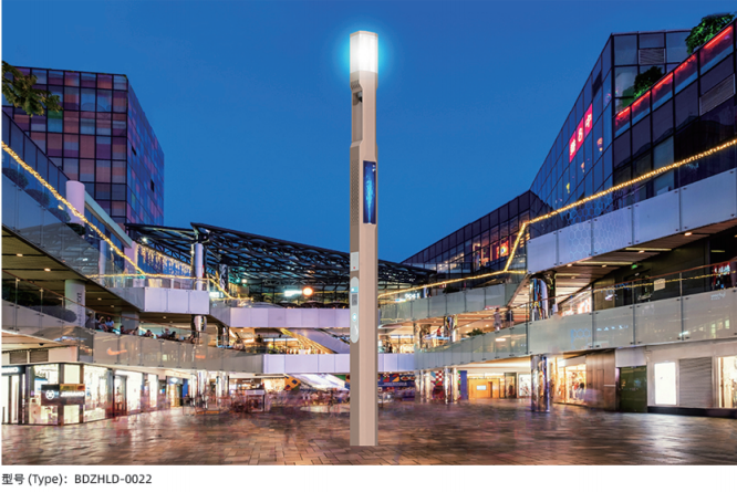 Smart information pole with LED lighting and integrated digital display for commercial plaza