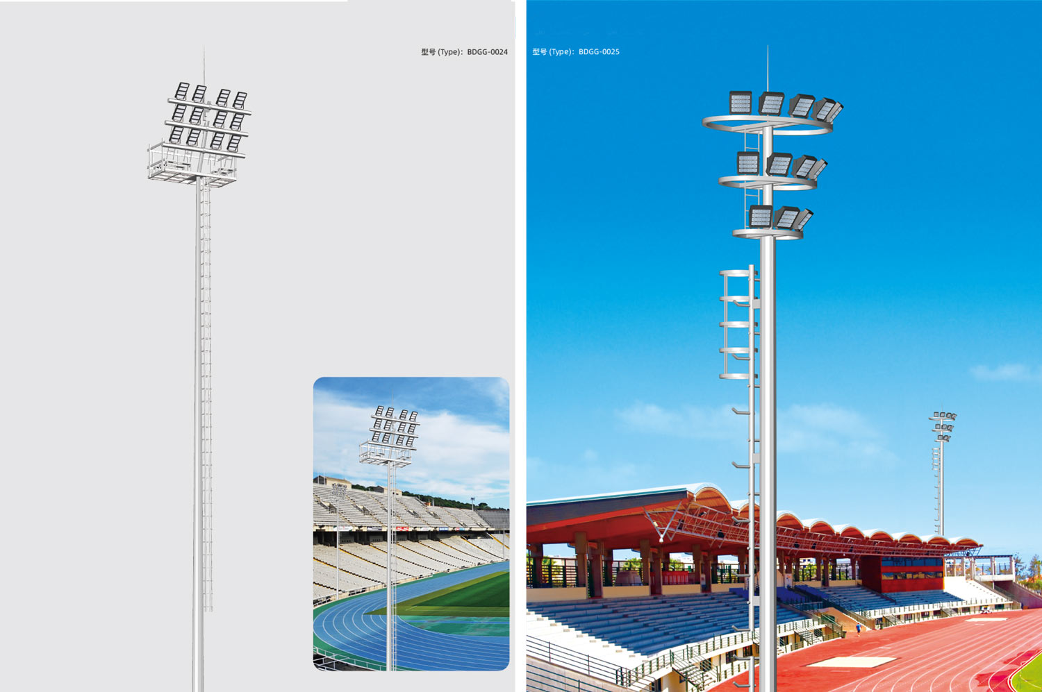 Stadium high mast lighting structures with matrix and multi level floodlight arrangements