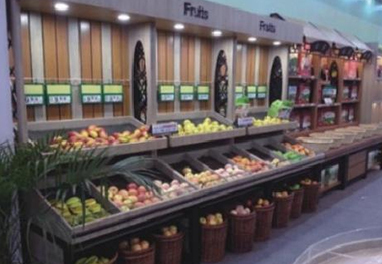Wooden fruit and vegetable display shelves