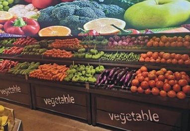 Wooden fruit and vegetable display shelves