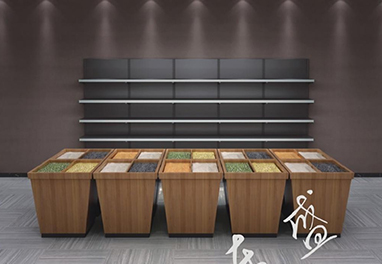 Wooden fruit and vegetable display shelves