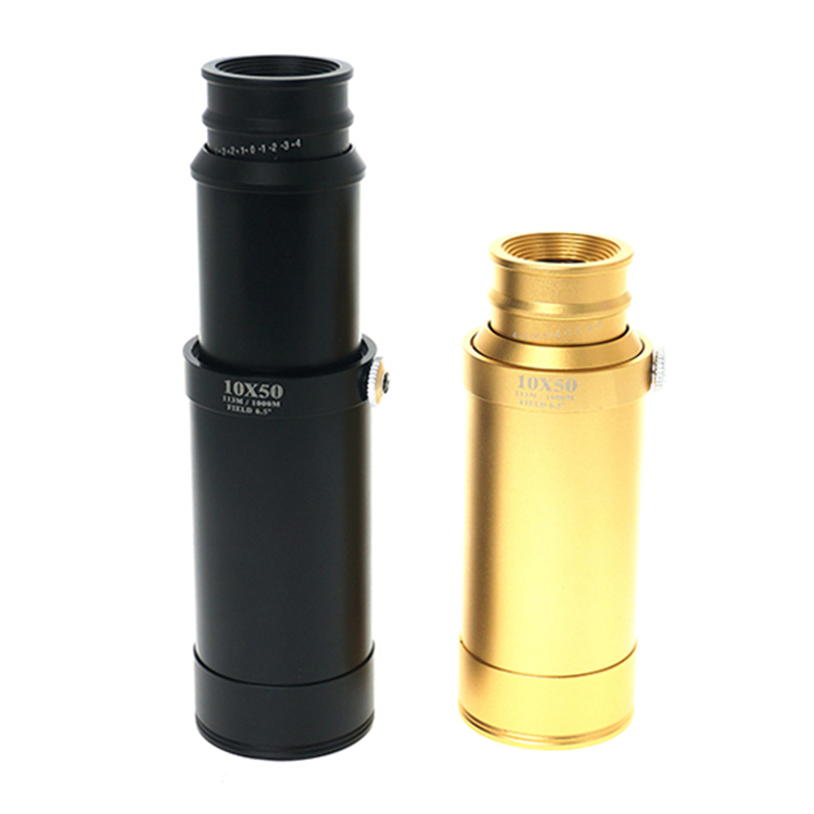 R06-1050 10X50 handheld monocular main product shot, golden and black monocular China wholesale