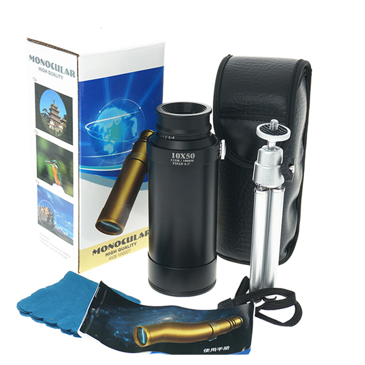 R06-1050 10X50 handheld monocular main product shot, golden and black monocular China wholesale