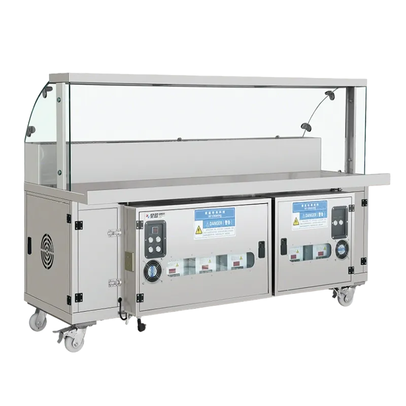 Carrello per barbecue con cucina aperta e facciata in vetro con sistemi idrici ed elettrici integrati