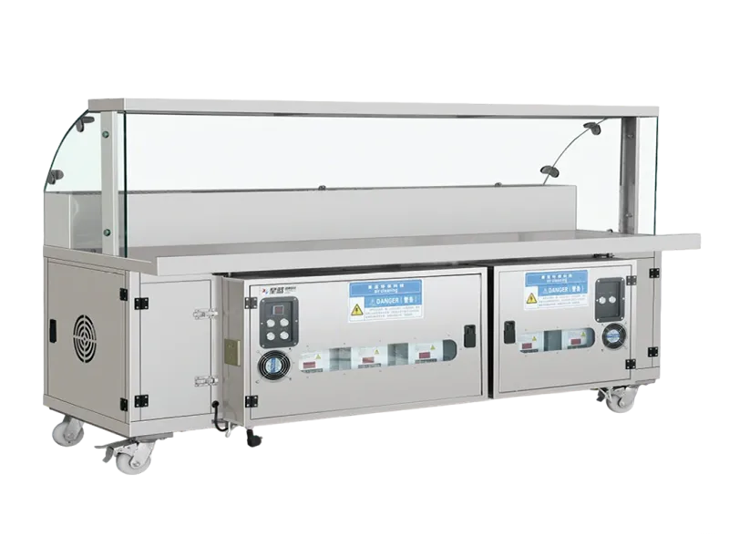 Carrello per barbecue con cucina aperta e facciata in vetro con sistemi idrici ed elettrici integrati