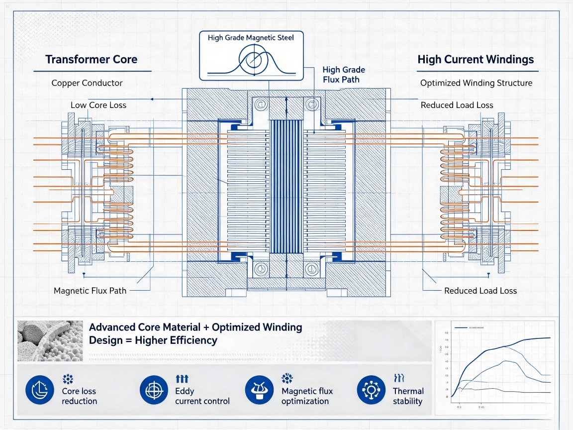 AI data center transformer core and winding design for low loss high efficiency operation