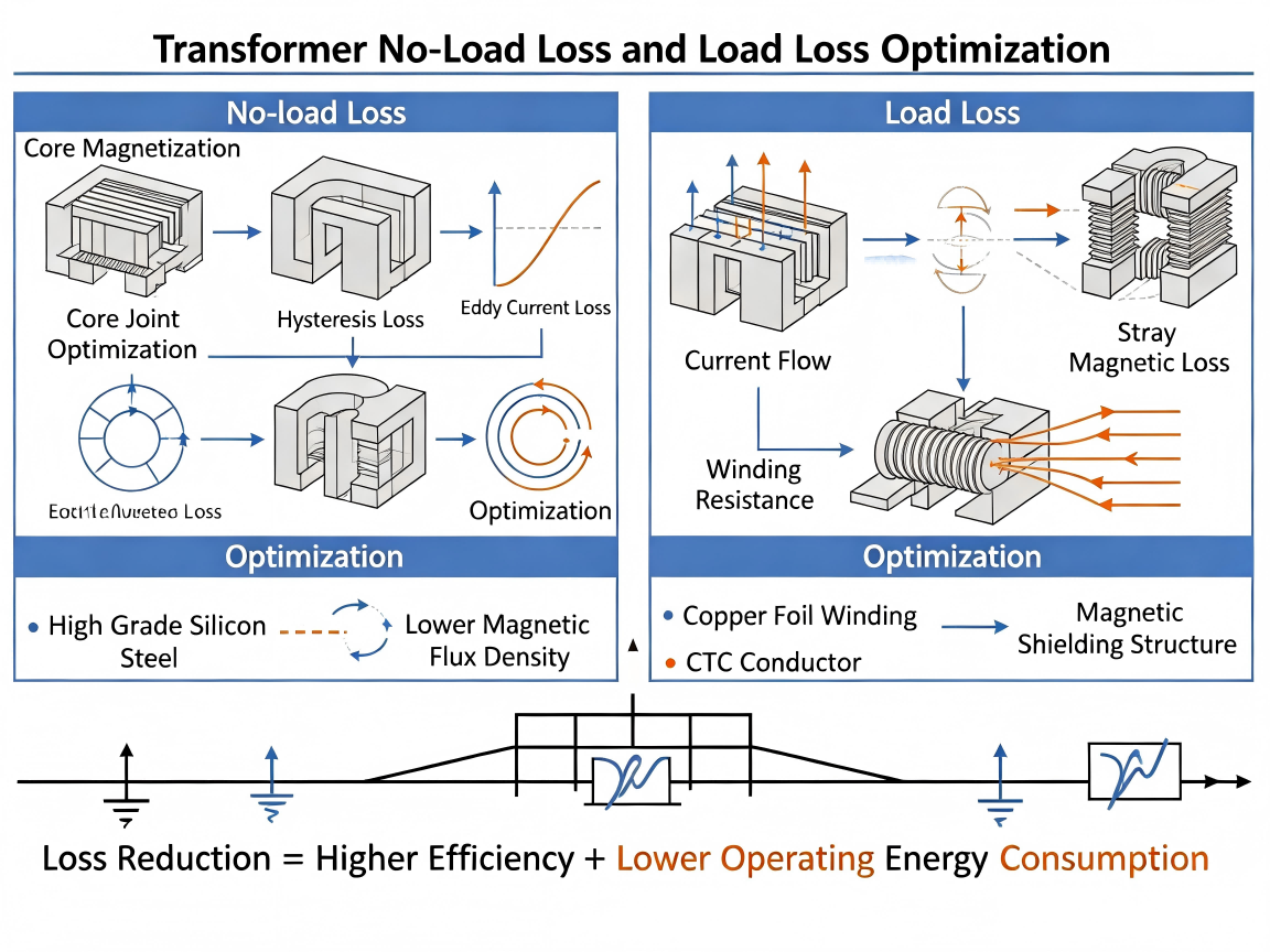 Transformer loss reduction design showing no load loss and load loss optimization methods
