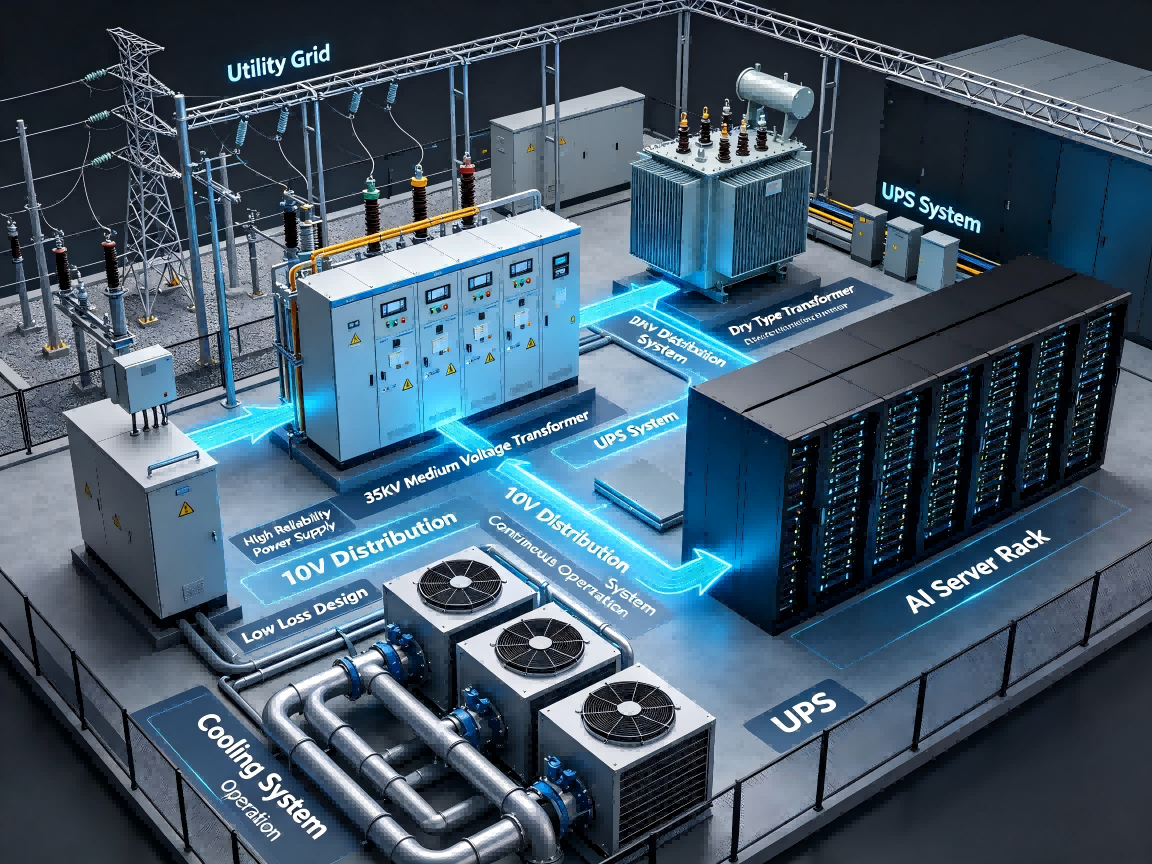 AI data center transformer power distribution system with 35kV medium voltage electrical infrastructure