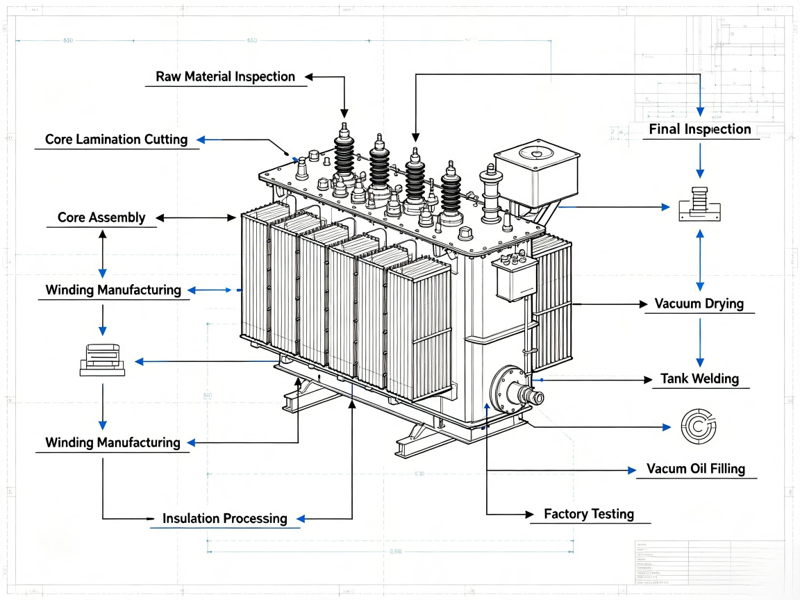 Transformer manufacturing process flow including core assembly winding vacuum drying oil filling and factory testing