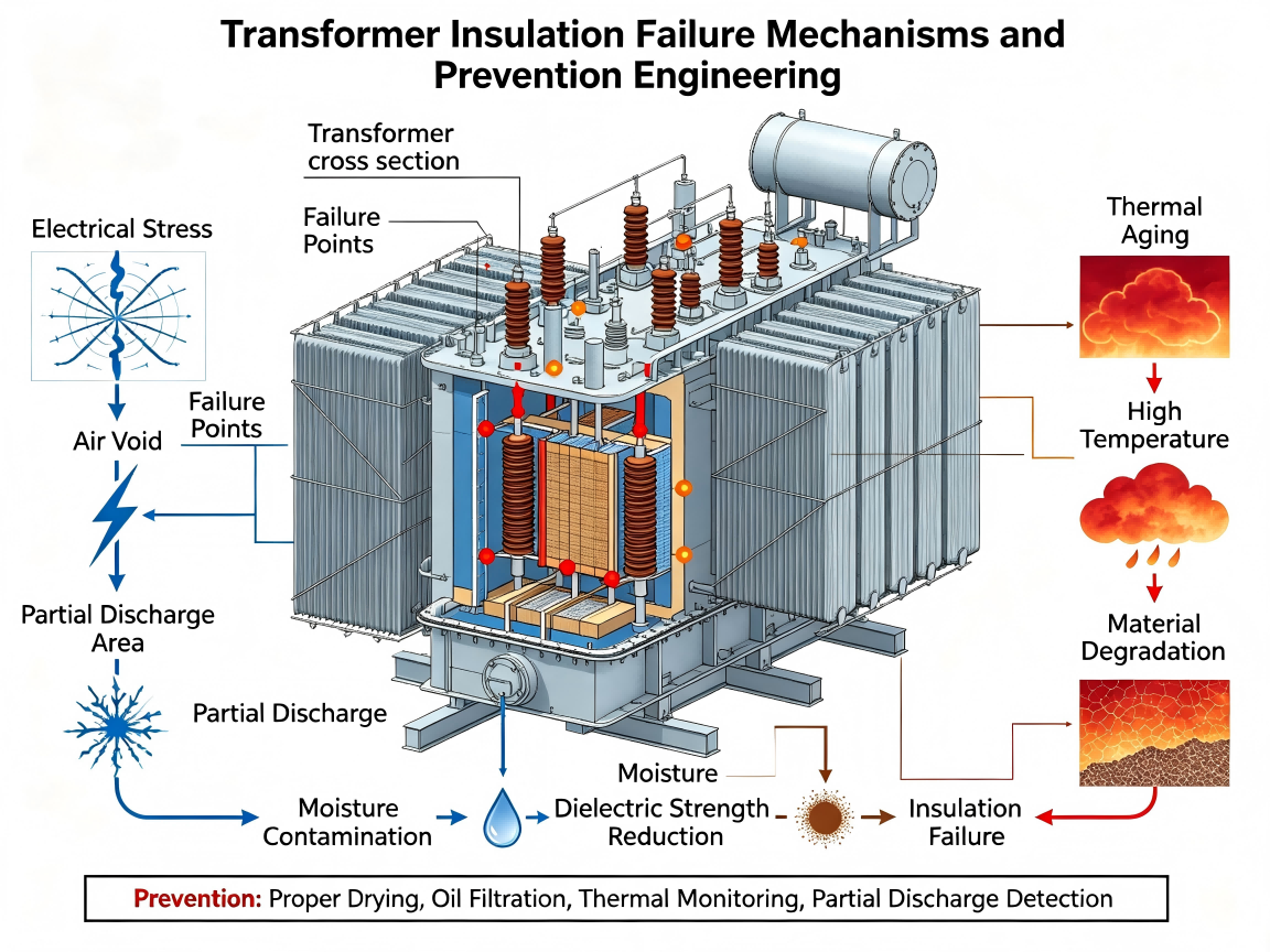 Transformer insulation failure analysis showing partial discharge moisture contamination and thermal aging mechanisms