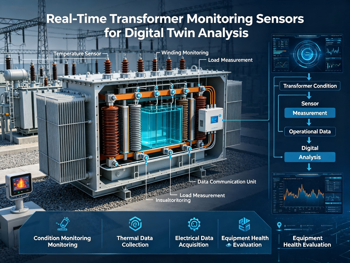 Transformer condition monitoring sensors collecting operational data for digital twin predictive maintenance