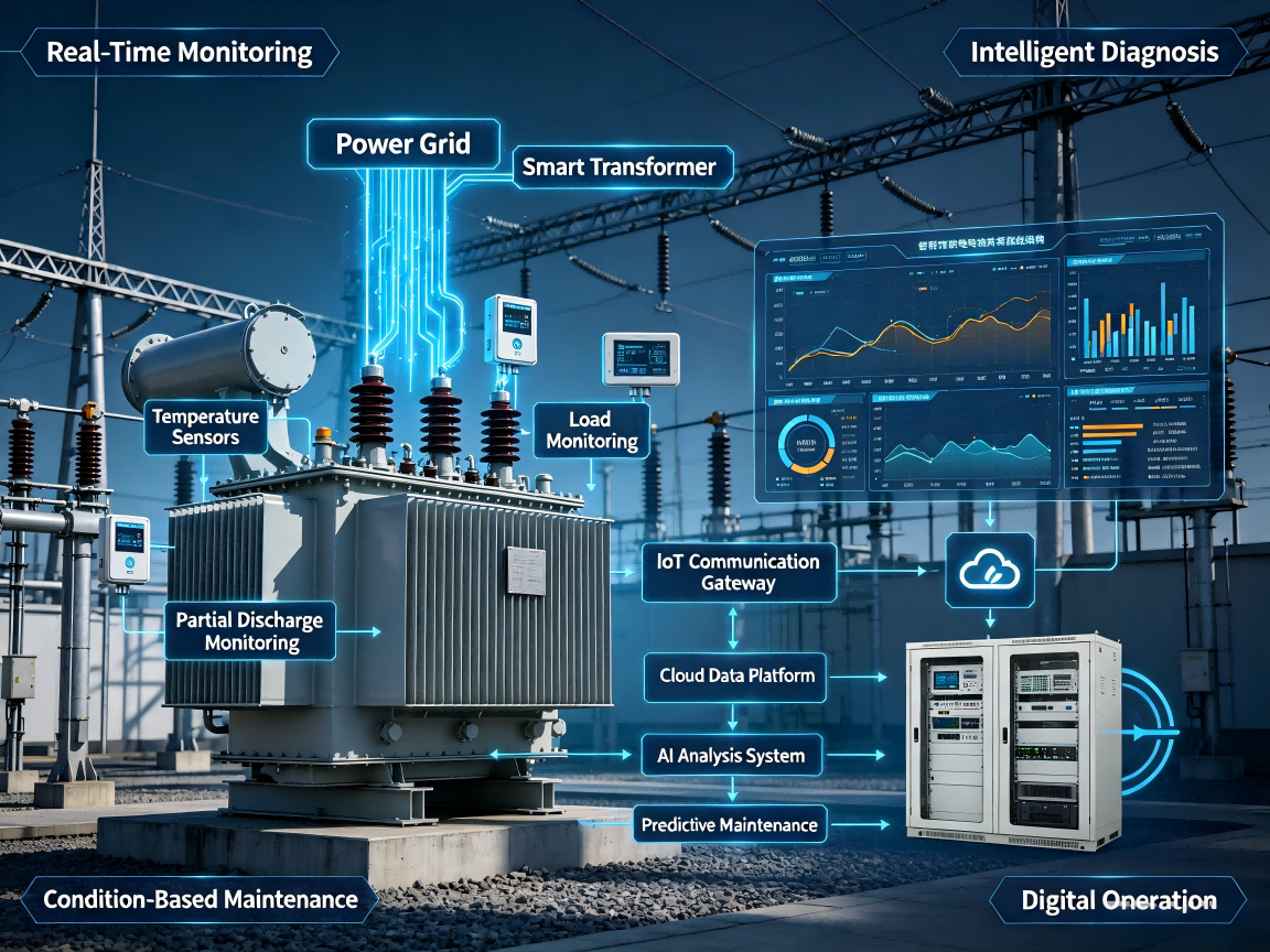 Smart transformer digital monitoring architecture with IoT sensors and AI predictive maintenance system