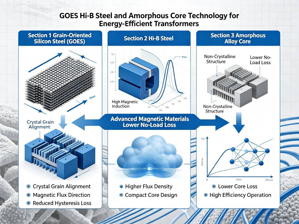 Transformer core material comparison showing GOES Hi-B steel and amorphous alloy technology for efficiency improvement