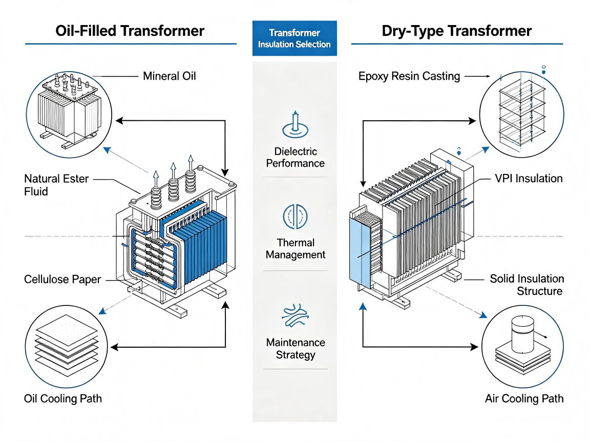 Oil filled transformer insulation using mineral oil and natural ester compared with dry type epoxy resin insulation technology