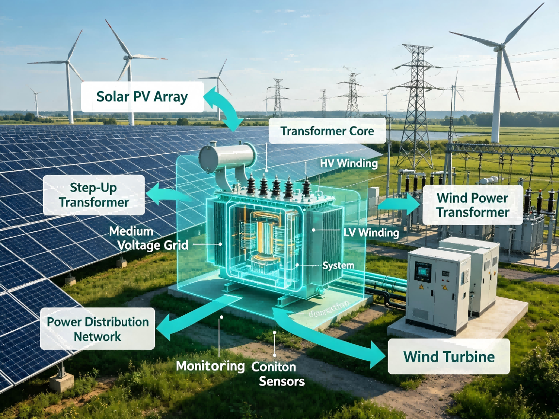 High efficiency transformer used in solar and wind renewable energy power systems with grid connection
