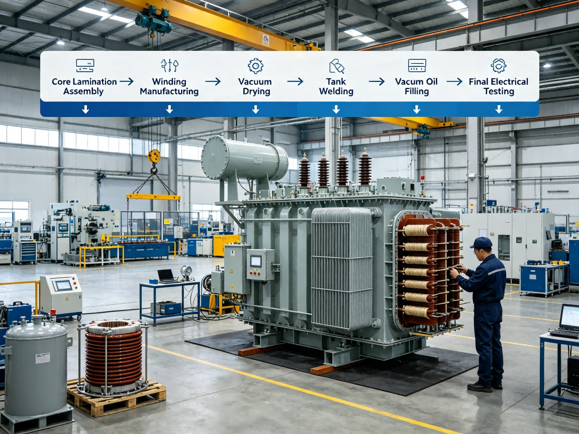 Large power transformer manufacturing process including core assembly winding vacuum drying and testing