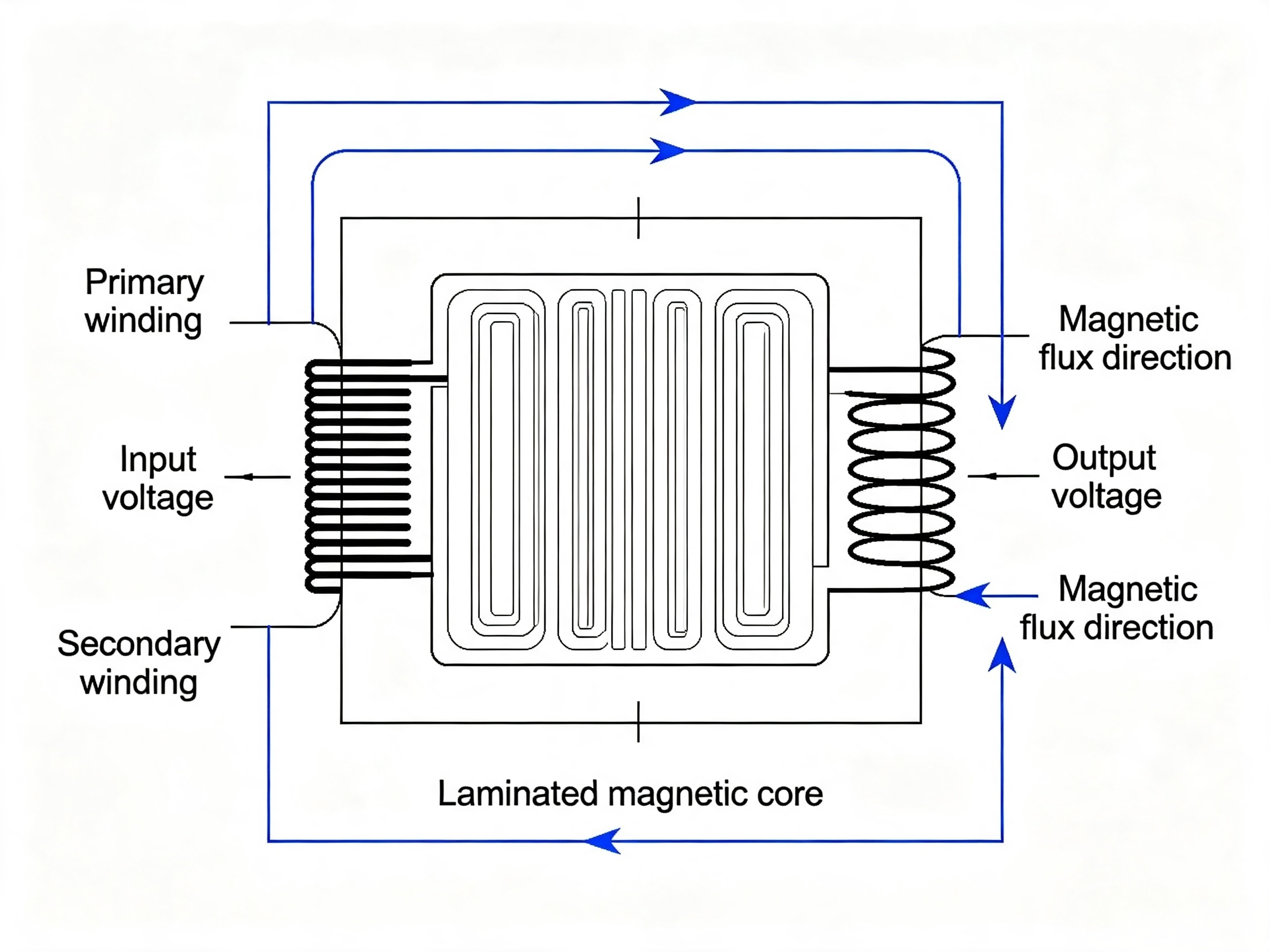 Transformer electromagnetic energy transfer process with primary winding secondary winding and magnetic core