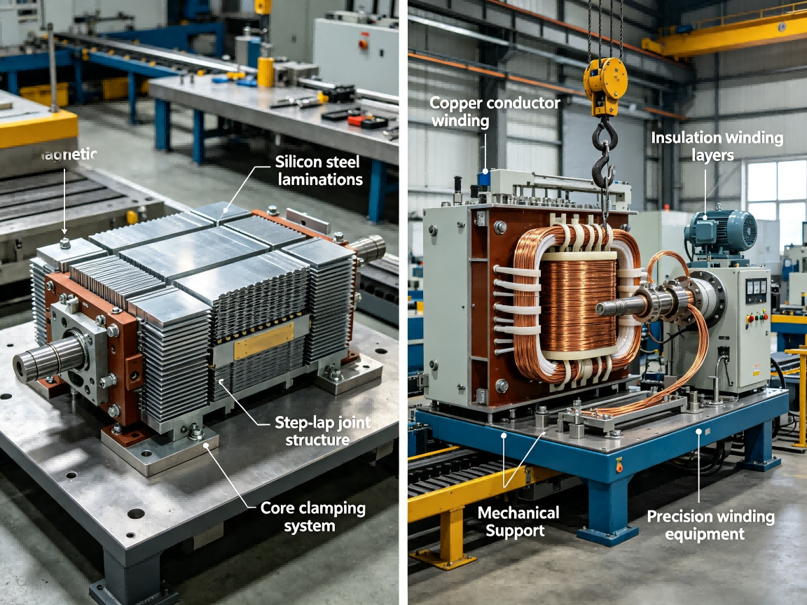 Transformer core assembly and copper winding manufacturing process in electrical equipment production