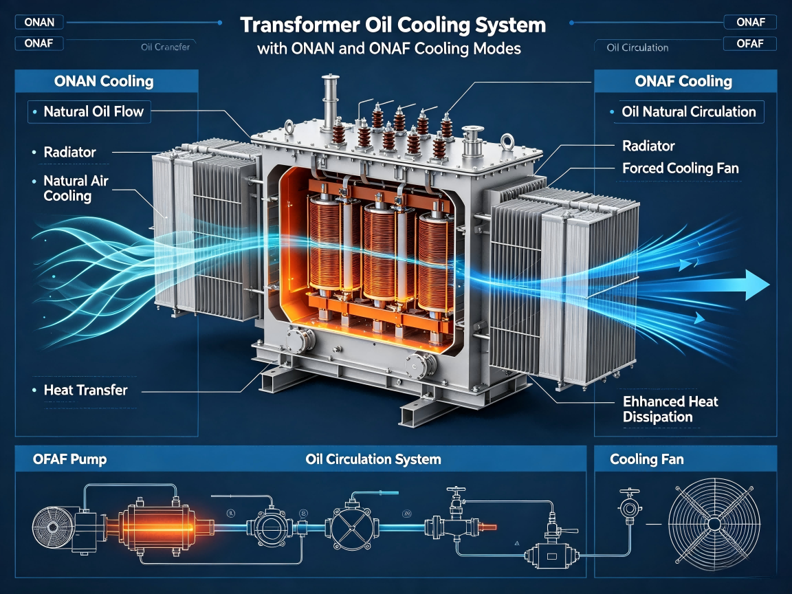 ONAN ONAF OFAF transformer cooling system using oil circulation and forced air heat dissipation technology
